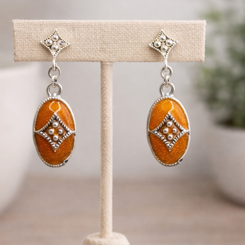 Amber Tone Enamel Oval Dangle Earrings Silver Tone Vintage Style